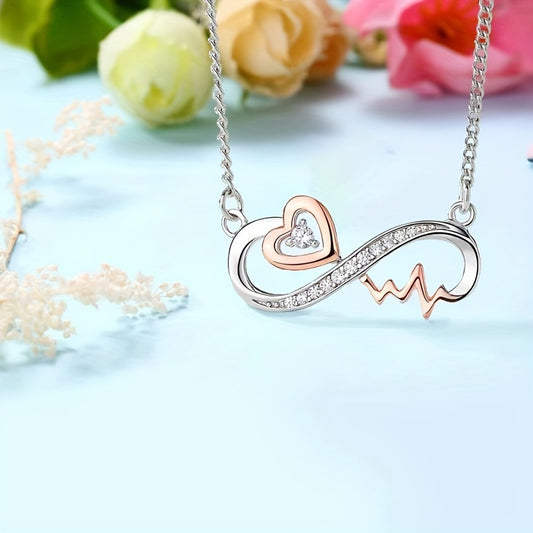 [1pc Infinity Heartbeat Necklace] MASALADI Boho Vintage Infinity Heartbeat Necklace, Silver Plated Copper with Synthetic Zirconia, December Birthstone, for Daily Wear & Gift Giving, Christmas Season Friendship Jewelry