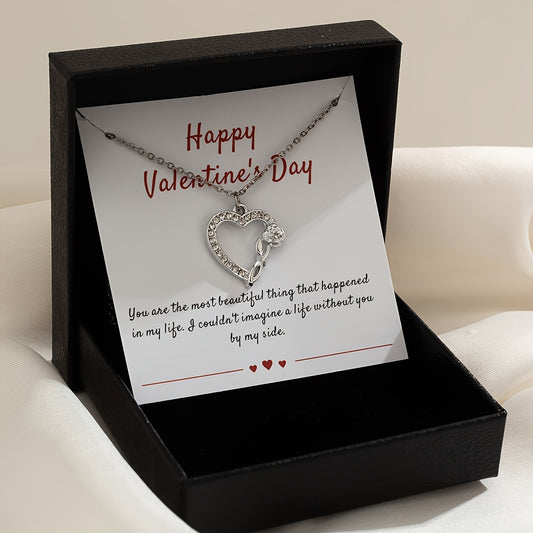 Elegant Rose & Heart Pendant Necklace with Rhinestone Detail - Perfect Valentine's Day Gift for Her, Includes Blessing Card & Gift Box