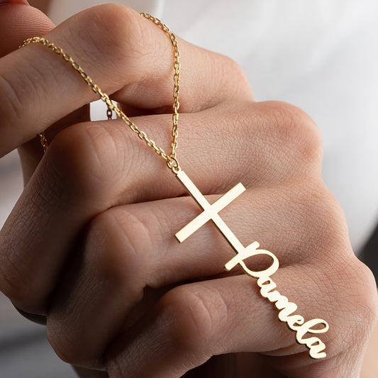 Customized Necklace 18K Gold Plated Cross Pendant Can Be Customized with English Name Personalized Jewelry for Women Holiday Gift Thanksgiving Christmas