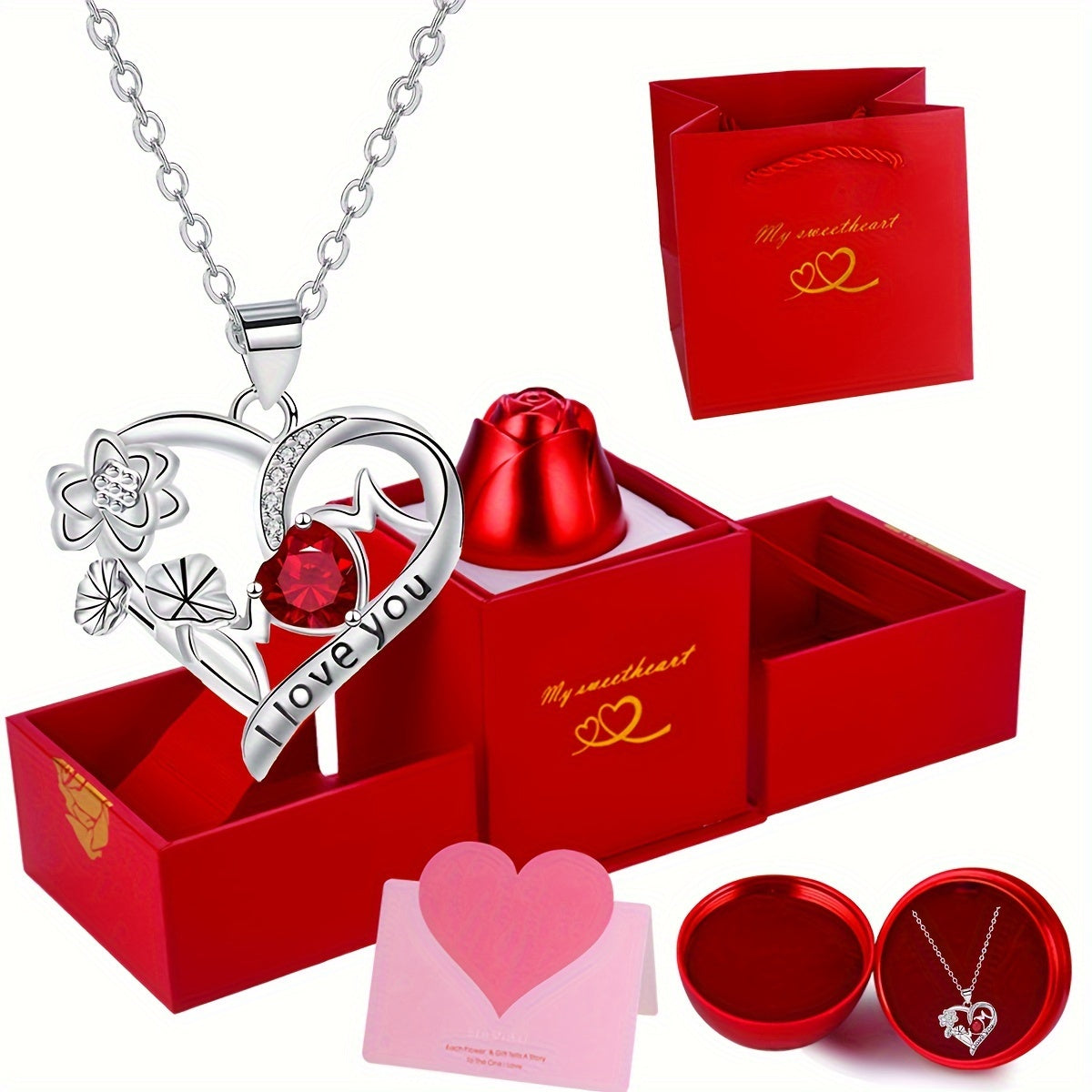 Elegant Silvery-Plated Rose & Heart Pendant Necklace - Perfect Valentine's Day Gift for Her, Includes Blessing Card & Gift Box