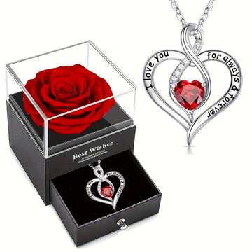 Elegant Heart Themed Jewelry Set with Synthetic Zirconia Pendant Necklace and Preserved Rose Gift Box - Engraved "I Love You Forever" Alloy Necklace for Women - Ideal for Christmas, Valentine's, Anniversary, Mother's Day