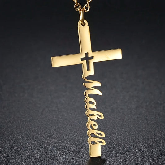 Custom Name Necklace with Cross Pendant - 18K Golden Plated Stainless Steel, Personalized Birthday Gift for Her, Versatile Daily Wear Jewelry