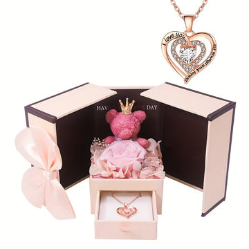 [Popular Choice] Elegant Rose and Bear Flower Gift Box with "I Love You" Heart Pendant Necklace - Perfect for, Valentine's Day - Ideal for Best Friends and Special Occasions